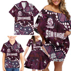 Personalized Manly Warringah Sea Eagles Family Matching Off Shoulder Short Dress and Hawaiian Shirt Aboriginal Pattern with Graffiti Style Design