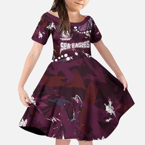 Personalized Manly Warringah Sea Eagles Family Matching Off Shoulder Short Dress and Hawaiian Shirt Aboriginal Pattern with Graffiti Style Design