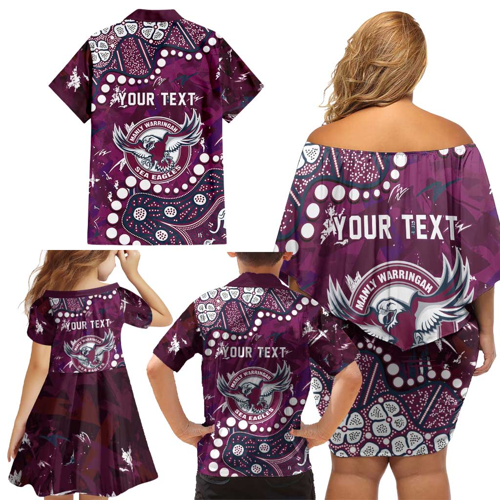 Personalized Manly Warringah Sea Eagles Family Matching Off Shoulder Short Dress and Hawaiian Shirt Aboriginal Pattern with Graffiti Style Design