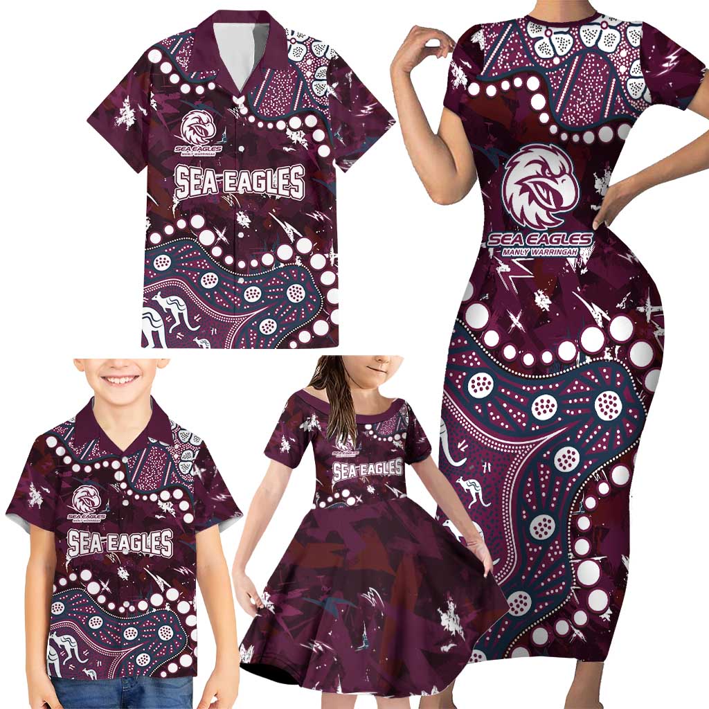 Personalized Manly Warringah Sea Eagles Family Matching Short Sleeve Bodycon Dress and Hawaiian Shirt Aboriginal Pattern with Graffiti Style Design