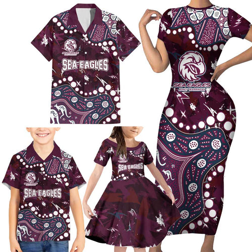 Personalized Manly Warringah Sea Eagles Family Matching Short Sleeve Bodycon Dress and Hawaiian Shirt Aboriginal Pattern with Graffiti Style Design