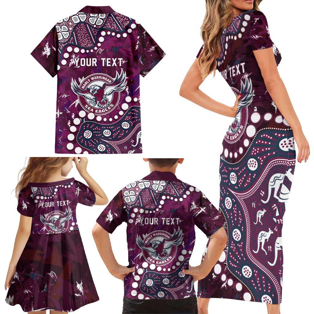 Personalized Manly Warringah Sea Eagles Family Matching Short Sleeve Bodycon Dress and Hawaiian Shirt Aboriginal Pattern with Graffiti Style Design