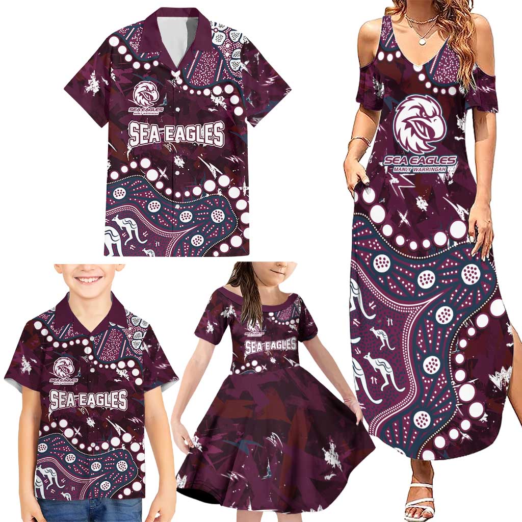 Personalized Manly Warringah Sea Eagles Family Matching Summer Maxi Dress and Hawaiian Shirt Aboriginal Pattern with Graffiti Style Design