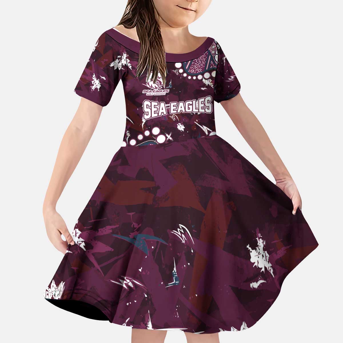 Personalized Manly Warringah Sea Eagles Kid Short Sleeve Dress Aboriginal Pattern with Graffiti Style Design