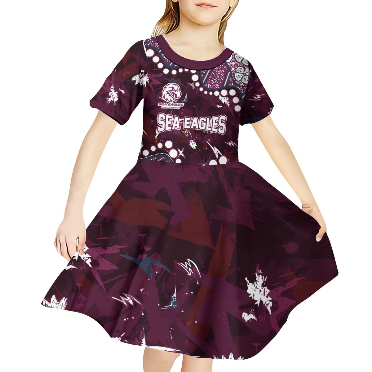 Personalized Manly Warringah Sea Eagles Kid Short Sleeve Dress Aboriginal Pattern with Graffiti Style Design