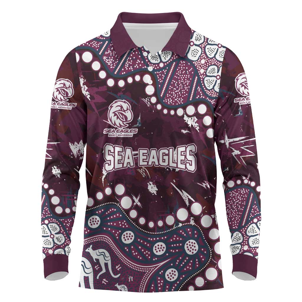 Personalized Manly Warringah Sea Eagles Long Sleeve Polo Shirt Aboriginal Pattern with Graffiti Style Design