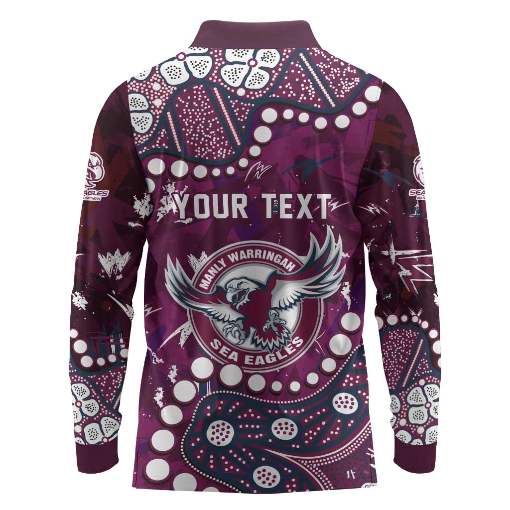 Personalized Manly Warringah Sea Eagles Long Sleeve Polo Shirt Aboriginal Pattern with Graffiti Style Design