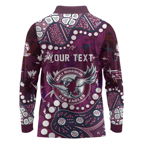 Personalized Manly Warringah Sea Eagles Long Sleeve Polo Shirt Aboriginal Pattern with Graffiti Style Design