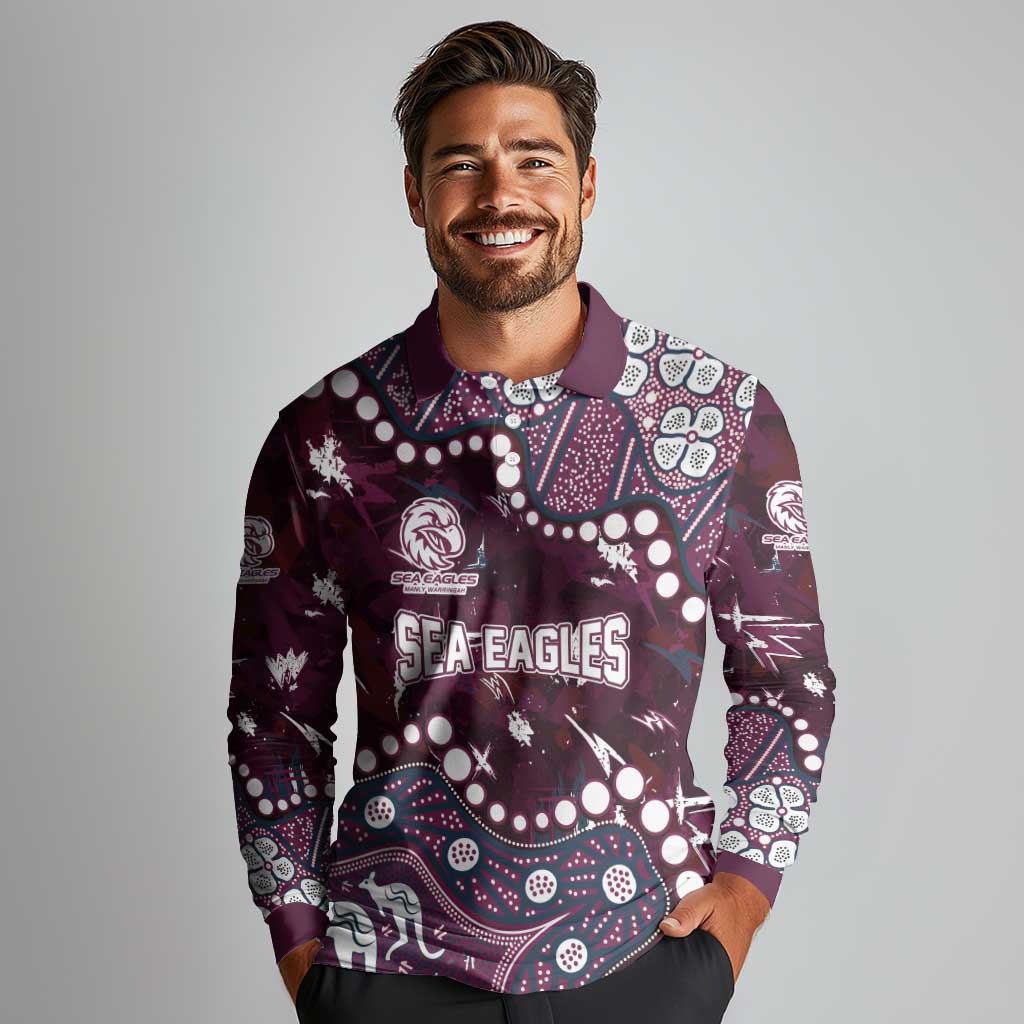 Personalized Manly Warringah Sea Eagles Long Sleeve Polo Shirt Aboriginal Pattern with Graffiti Style Design