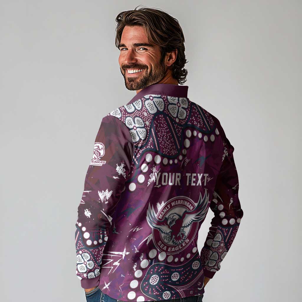 Personalized Manly Warringah Sea Eagles Long Sleeve Polo Shirt Aboriginal Pattern with Graffiti Style Design