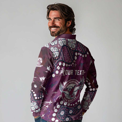 Personalized Manly Warringah Sea Eagles Long Sleeve Polo Shirt Aboriginal Pattern with Graffiti Style Design