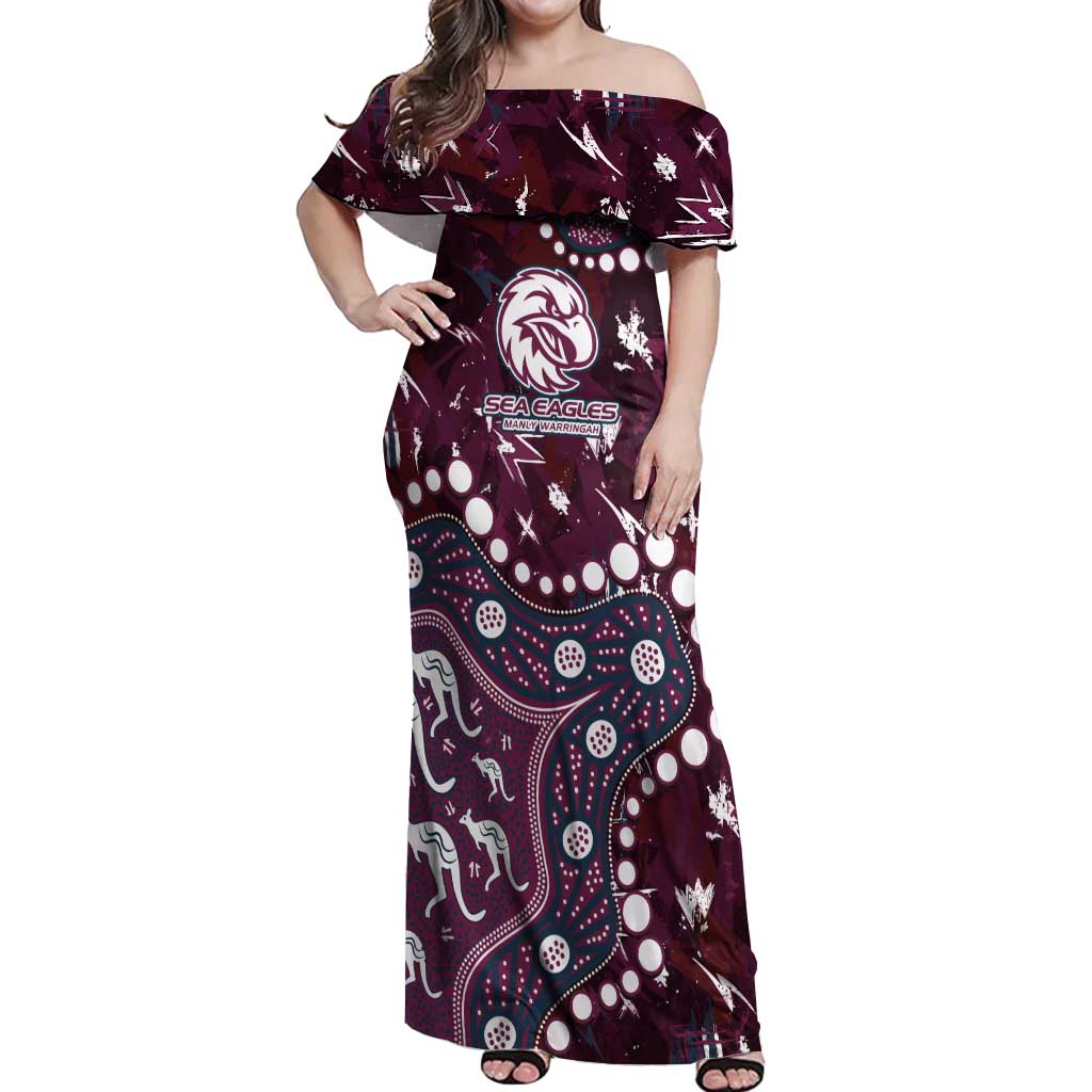 Personalized Manly Warringah Sea Eagles Off Shoulder Maxi Dress Aboriginal Pattern with Graffiti Style Design