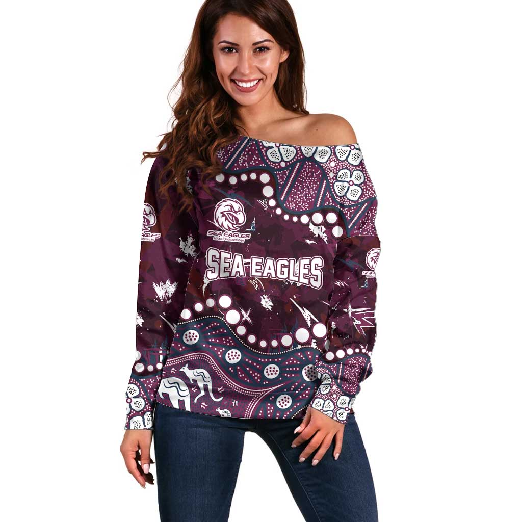 Personalized Manly Warringah Sea Eagles Off Shoulder Sweater Aboriginal Pattern with Graffiti Style Design