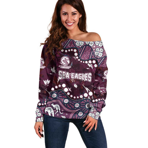 Personalized Manly Warringah Sea Eagles Off Shoulder Sweater Aboriginal Pattern with Graffiti Style Design