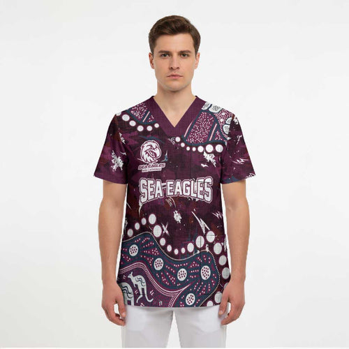 Personalized Manly Warringah Sea Eagles Scrub Top Aboriginal Pattern with Graffiti Style Design