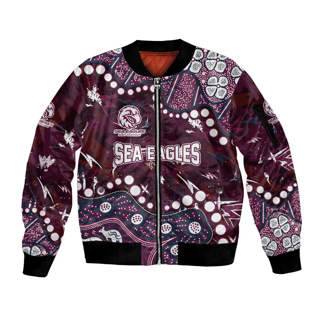 Personalized Manly Warringah Sea Eagles Sleeve Zip Bomber Jacket Aboriginal Pattern with Graffiti Style Design