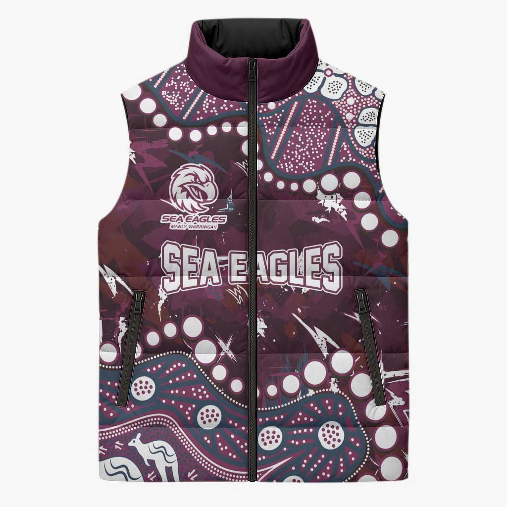 Personalized Manly Warringah Sea Eagles Sleeveless Puffer Jacket Aboriginal Pattern with Graffiti Style Design