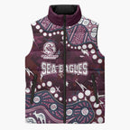 Personalized Manly Warringah Sea Eagles Sleeveless Puffer Jacket Aboriginal Pattern with Graffiti Style Design