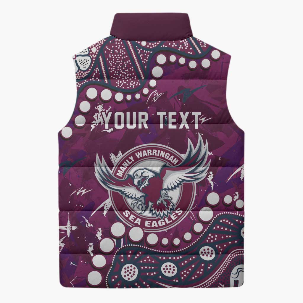 Personalized Manly Warringah Sea Eagles Sleeveless Puffer Jacket Aboriginal Pattern with Graffiti Style Design