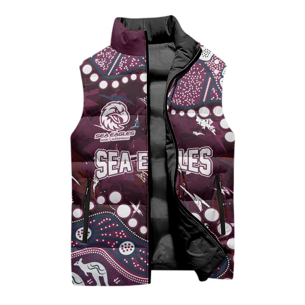 Personalized Manly Warringah Sea Eagles Sleeveless Puffer Jacket Aboriginal Pattern with Graffiti Style Design