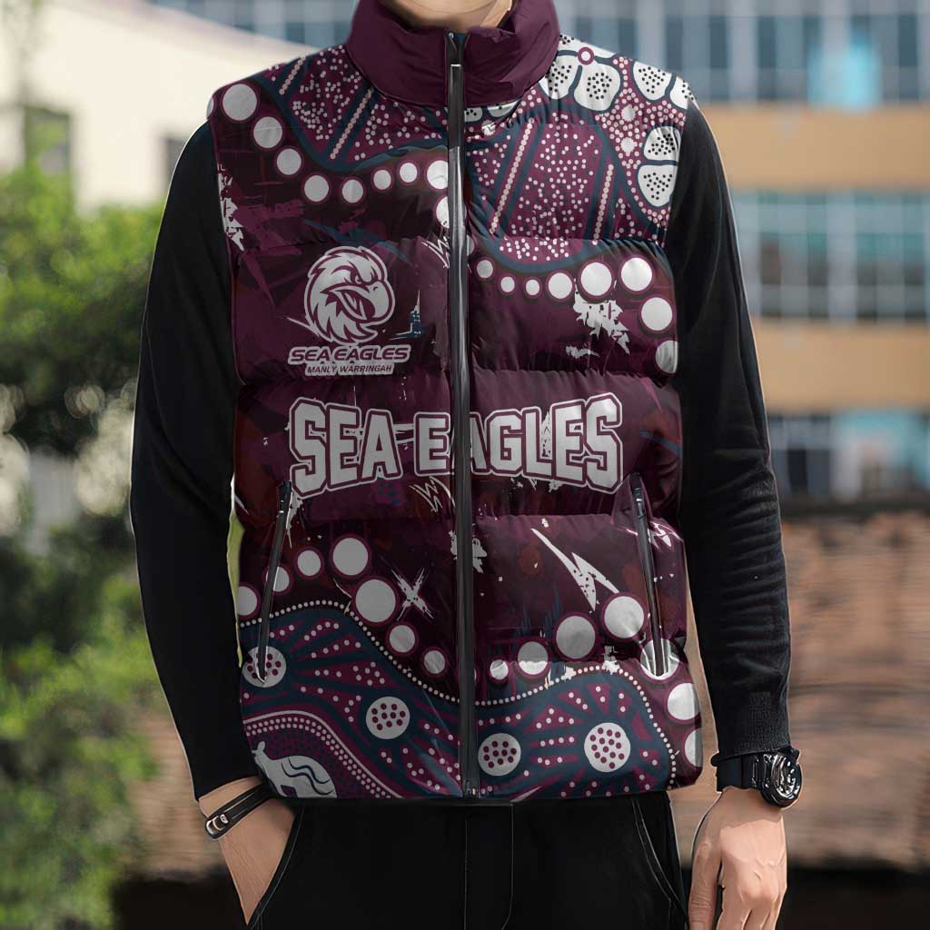Personalized Manly Warringah Sea Eagles Sleeveless Puffer Jacket Aboriginal Pattern with Graffiti Style Design