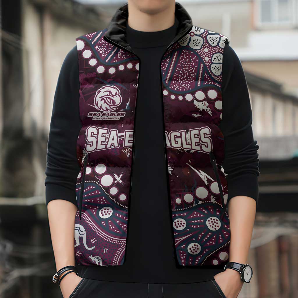 Personalized Manly Warringah Sea Eagles Sleeveless Puffer Jacket Aboriginal Pattern with Graffiti Style Design
