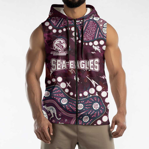Personalized Manly Warringah Sea Eagles Sleeveless Zip Hoodie Aboriginal Pattern with Graffiti Style Design