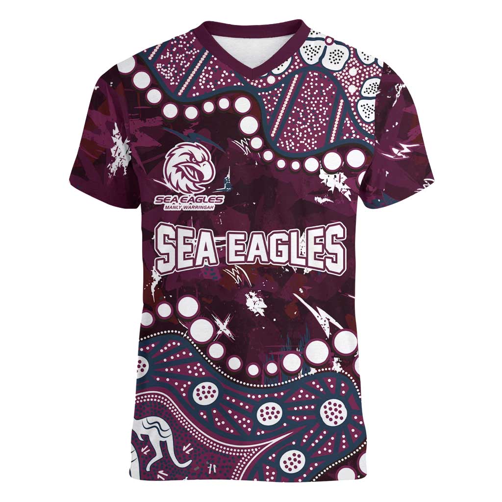 Personalized Manly Warringah Sea Eagles Women V-Neck T-Shirt Aboriginal Pattern with Graffiti Style Design
