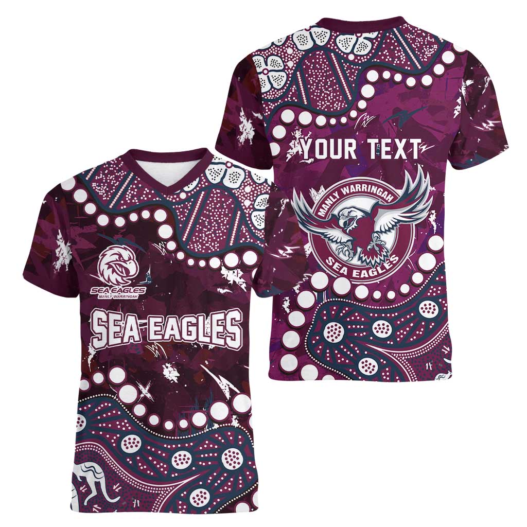 Personalized Manly Warringah Sea Eagles Women V-Neck T-Shirt Aboriginal Pattern with Graffiti Style Design