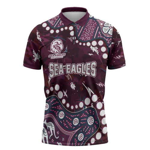 Personalized Manly Warringah Sea Eagles Zipper Polo Shirt Aboriginal Pattern with Graffiti Style Design