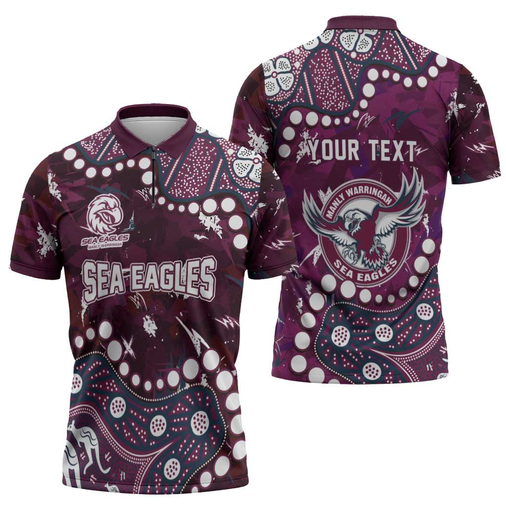 Personalized Manly Warringah Sea Eagles Zipper Polo Shirt Aboriginal Pattern with Graffiti Style Design