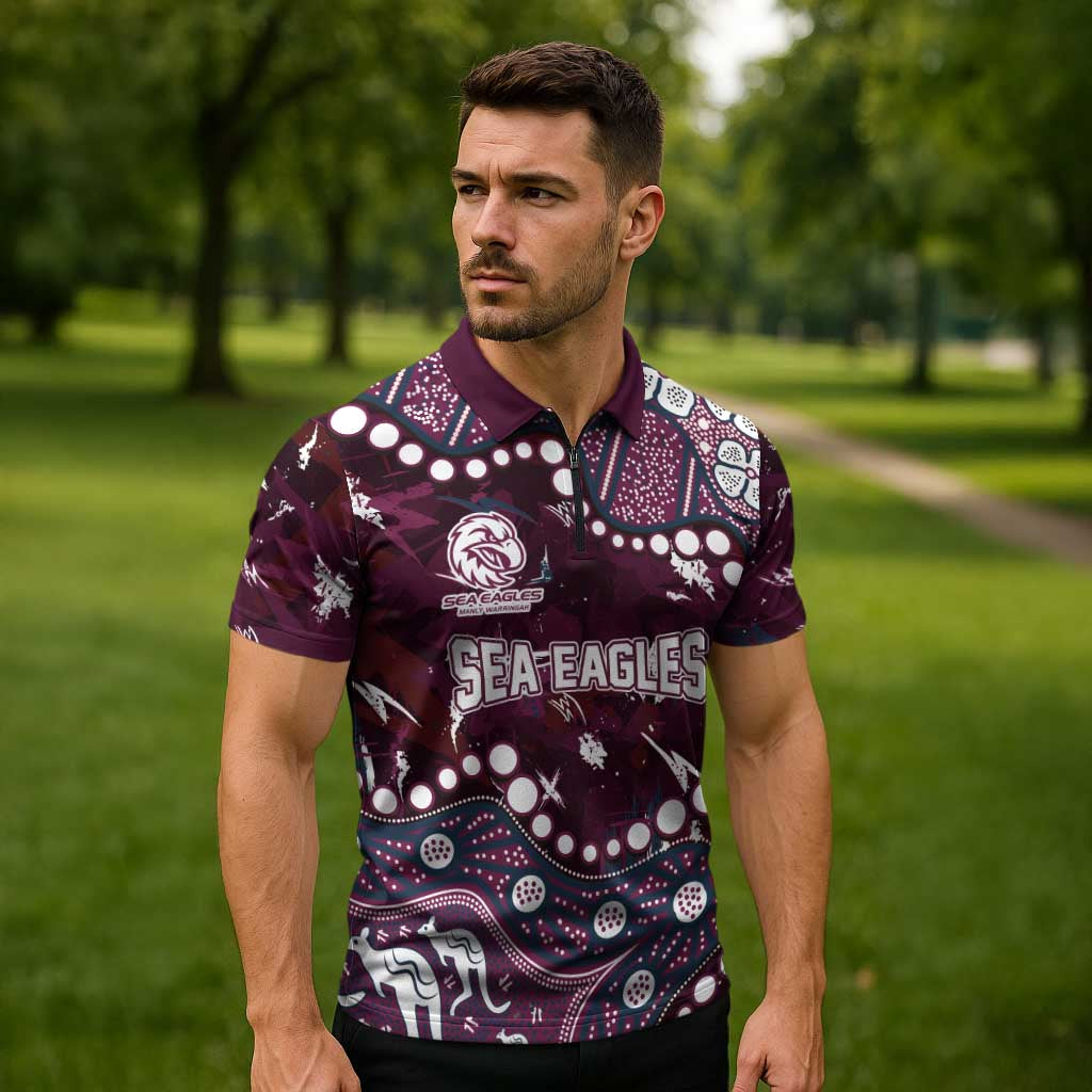 Personalized Manly Warringah Sea Eagles Zipper Polo Shirt Aboriginal Pattern with Graffiti Style Design