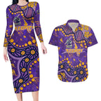 Personalized Melbourne Storm Couples Matching Long Sleeve Bodycon Dress and Hawaiian Shirt Aboriginal Pattern with Graffiti Style Design