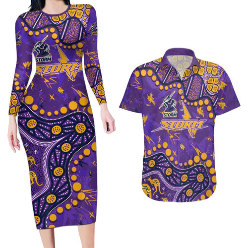 Personalized Melbourne Storm Couples Matching Long Sleeve Bodycon Dress and Hawaiian Shirt Aboriginal Pattern with Graffiti Style Design