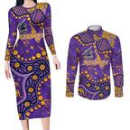 Personalized Melbourne Storm Couples Matching Long Sleeve Bodycon Dress and Long Sleeve Button Shirt Aboriginal Pattern with Graffiti Style Design