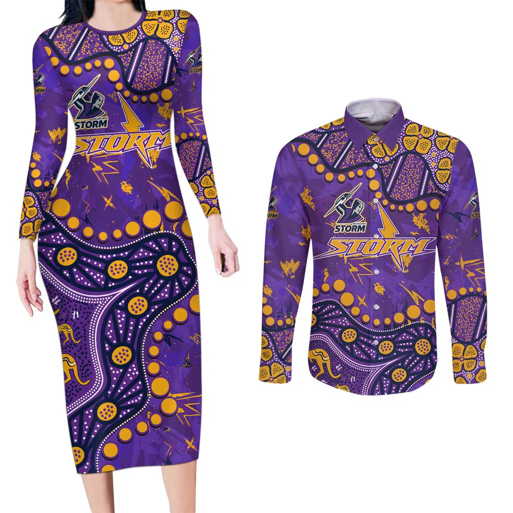 Personalized Melbourne Storm Couples Matching Long Sleeve Bodycon Dress and Long Sleeve Button Shirt Aboriginal Pattern with Graffiti Style Design