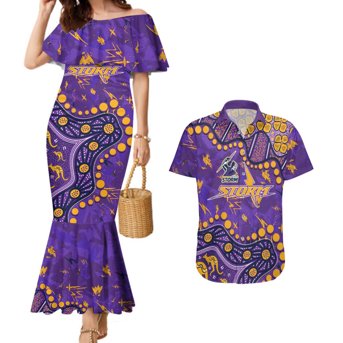 Personalized Melbourne Storm Couples Matching Mermaid Dress and Hawaiian Shirt Aboriginal Pattern with Graffiti Style Design