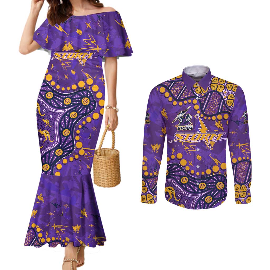 Personalized Melbourne Storm Couples Matching Mermaid Dress and Long Sleeve Button Shirt Aboriginal Pattern with Graffiti Style Design