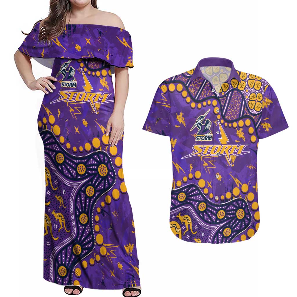 Personalized Melbourne Storm Couples Matching Off Shoulder Maxi Dress and Hawaiian Shirt Aboriginal Pattern with Graffiti Style Design