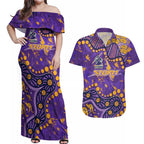 Personalized Melbourne Storm Couples Matching Off Shoulder Maxi Dress and Hawaiian Shirt Aboriginal Pattern with Graffiti Style Design