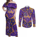 Personalized Melbourne Storm Couples Matching Off Shoulder Maxi Dress and Long Sleeve Button Shirt Aboriginal Pattern with Graffiti Style Design
