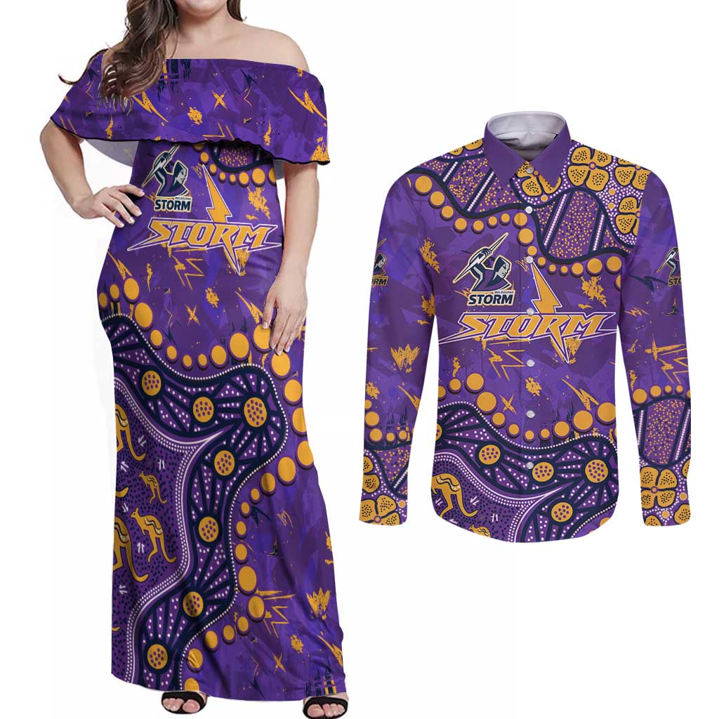 Personalized Melbourne Storm Couples Matching Off Shoulder Maxi Dress and Long Sleeve Button Shirt Aboriginal Pattern with Graffiti Style Design