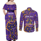 Personalized Melbourne Storm Couples Matching Off Shoulder Maxi Dress and Long Sleeve Button Shirt Aboriginal Pattern with Graffiti Style Design