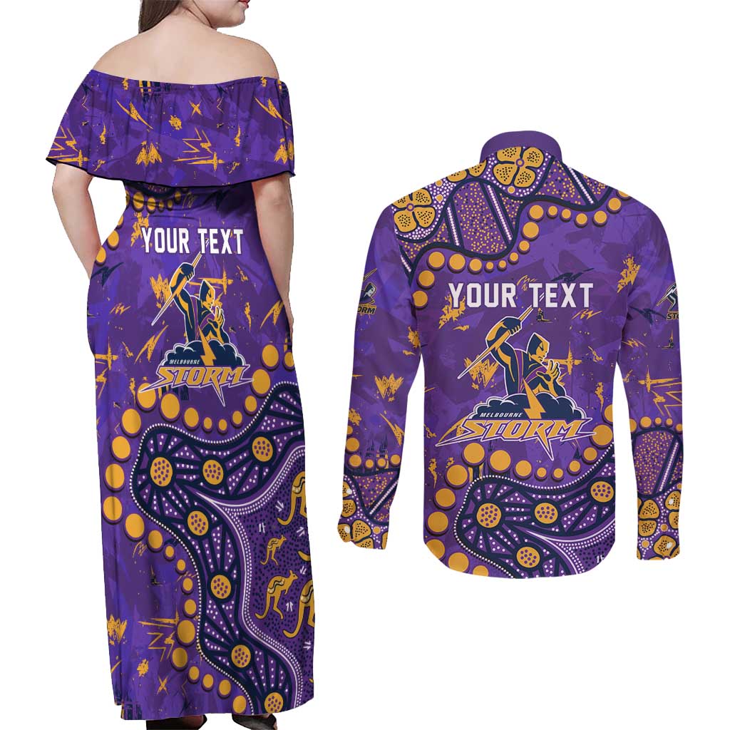 Personalized Melbourne Storm Couples Matching Off Shoulder Maxi Dress and Long Sleeve Button Shirt Aboriginal Pattern with Graffiti Style Design