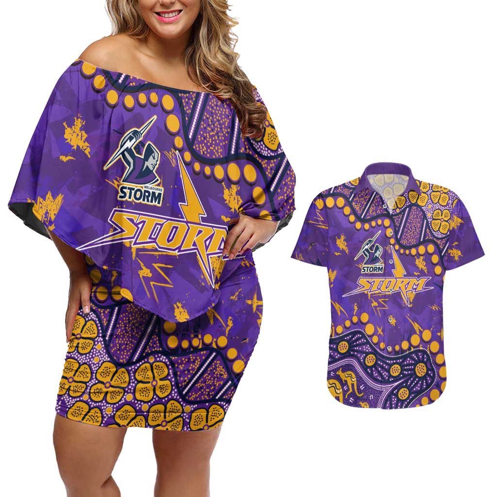 Personalized Melbourne Storm Couples Matching Off Shoulder Short Dress and Hawaiian Shirt Aboriginal Pattern with Graffiti Style Design