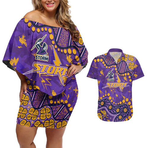 Personalized Melbourne Storm Couples Matching Off Shoulder Short Dress and Hawaiian Shirt Aboriginal Pattern with Graffiti Style Design