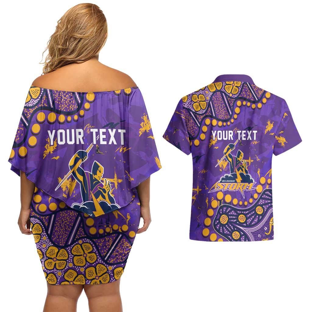 Personalized Melbourne Storm Couples Matching Off Shoulder Short Dress and Hawaiian Shirt Aboriginal Pattern with Graffiti Style Design