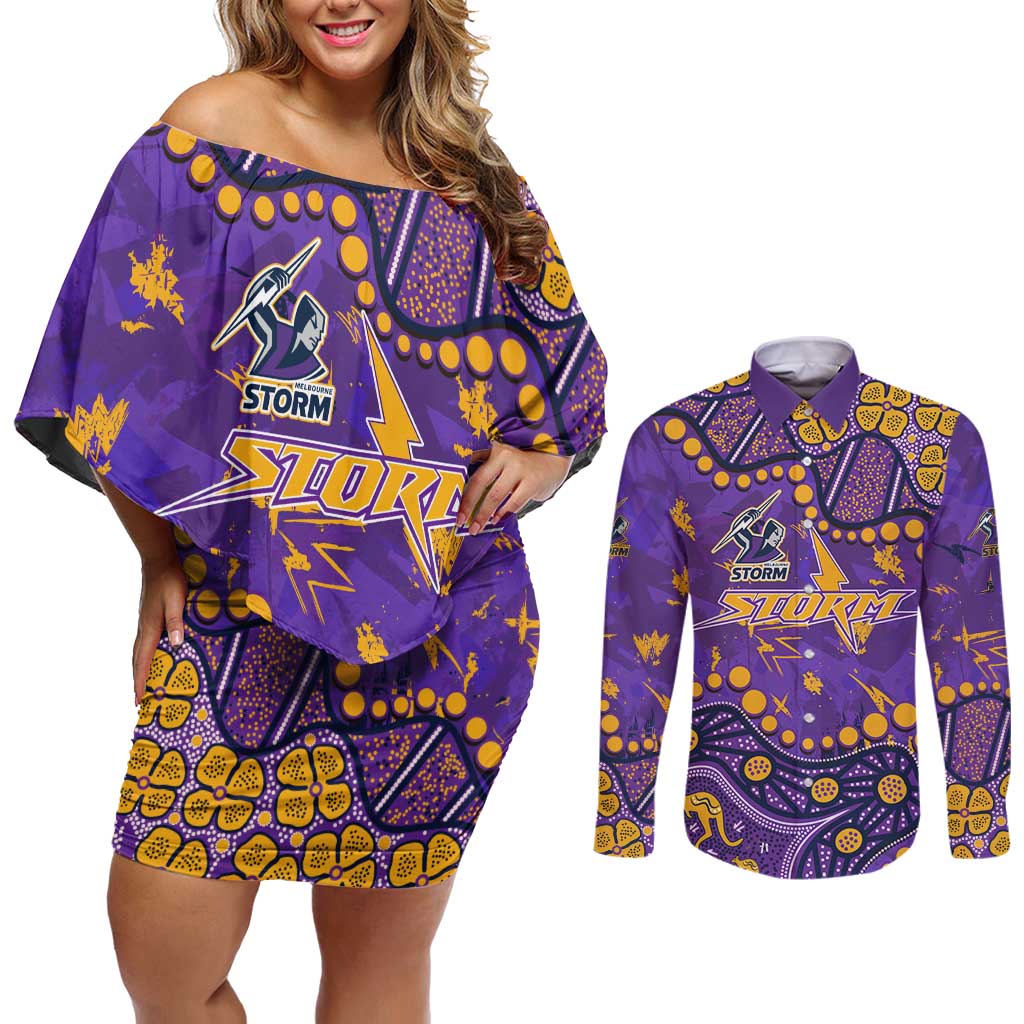 Personalized Melbourne Storm Couples Matching Off Shoulder Short Dress and Long Sleeve Button Shirt Aboriginal Pattern with Graffiti Style Design