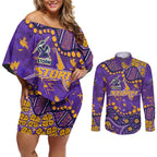 Personalized Melbourne Storm Couples Matching Off Shoulder Short Dress and Long Sleeve Button Shirt Aboriginal Pattern with Graffiti Style Design