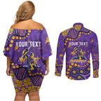 Personalized Melbourne Storm Couples Matching Off Shoulder Short Dress and Long Sleeve Button Shirt Aboriginal Pattern with Graffiti Style Design
